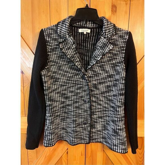 COCOGIO Black White Collared Button Up Wool Blend Blazer Cardigan Sweater Medium - Picture 1 of 6